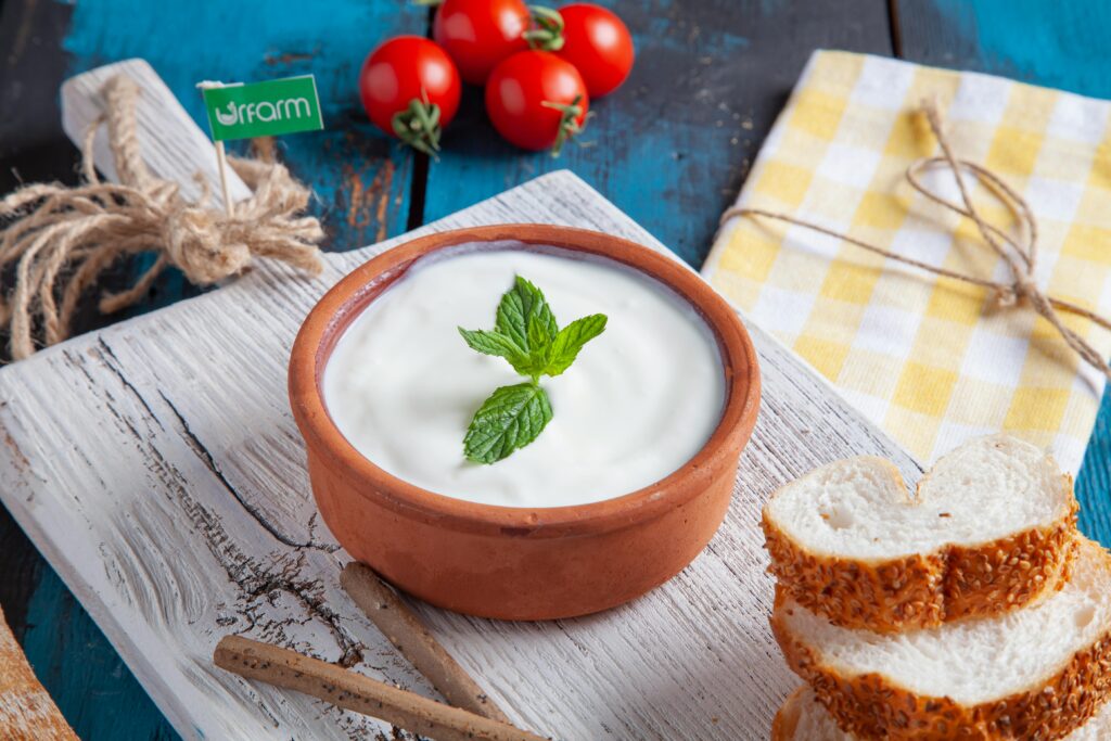 Authentic Turkish yogurt served in a clay bowl with mint, tomatoes, and sesame bread on rustic wooden board.